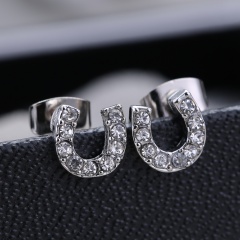 Lucky Charm Horseshoe Stud Earrings Equestrian Crystal Silver Jewelry Gifts U