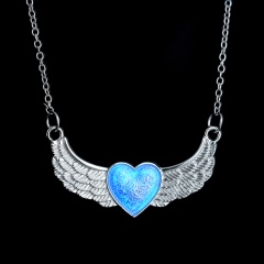 Vintage Hollow Silver Heart Moon Owl Glow In The Dark Luminous Pendant Necklace Wing