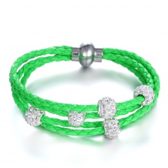 4 Row Leather with Crystal Beads Bracelet Multi Color Fashion Bracelet Green
