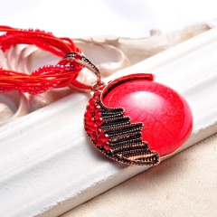 Vintage Round Ball Pendant Necklace Long Sweater Chain Red