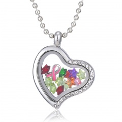 Heart Crystal Floating Round Charms Necklace Locket Living Memory Jewelry Gift Heart Ribbon
