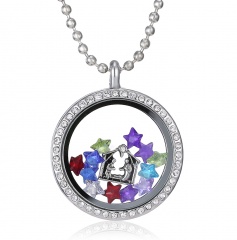 Heart Crystal Floating Round Charms Necklace Locket Living Memory Jewelry Gift Round