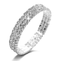 Wedding Bridal Women Full Crystal Rhinestone Silver Bracelet Cuff Bangle Jewelry Gift 3 Rows