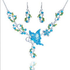 Fashionable Rhinestone With Alloy Necklace And Earring Jewelry Set Butterfly 6 Colors Big Jewelry Set Blue