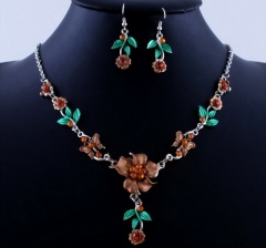 Wholesale Flower Shape Necklace Earring Set Rhinestone Crystal Alloy Jewelry Set Coffee