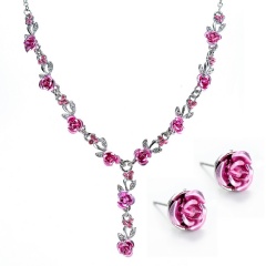Fashion Flower Shape Necklace Earring Jewelry Set Pink