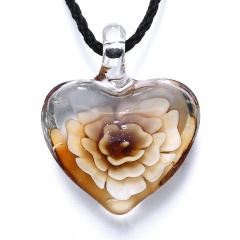 Chic Glass Heart Drop Flower Inside Lampwork Pendant Necklace Women Jewelry Gifts Coffee