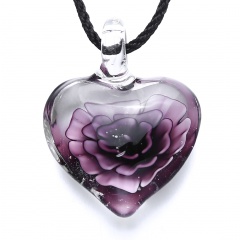 Chic Glass Heart Drop Flower Inside Lampwork Pendant Necklace Women Jewelry Gifts Purple