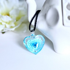 Chic Glass Heart Drop Flower Inside Lampwork Pendant Necklace Women Jewelry Gifts Blue
