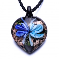 Fashion Women Lampwork Glass Gold Heart Pendant Necklace Murano Jewelry Party Gift Double Blue
