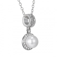 Fashion Women Pearl Round Charm Silver Crystal Pendant Necklace Chain Jewelry Holiday Pearl Round