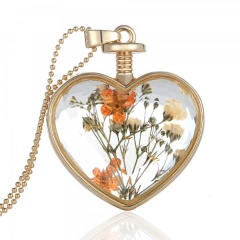 Natural Dried Flower Gold Heart Glass Locket Pendant Necklace Long Sweater Chain Small orange flower