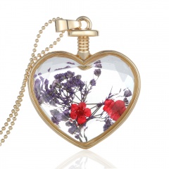 Natural Dried Flower Gold Heart Glass Locket Pendant Necklace Long Sweater Chain Purple and red flower