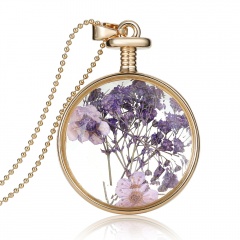 Natural Dried Flower Real Round Glass Locket Pendant Necklace Jewelry Gift New Purple Lavandula