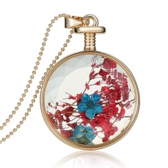 Natural Dried Flower Real Round Glass Locket Pendant Necklace Jewelry Gift New Blue+red