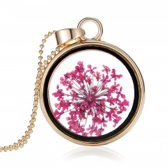 New Natural Real Dried Flower Resin Round Glass Floating Locket Pendant Necklace Hot pink shivering