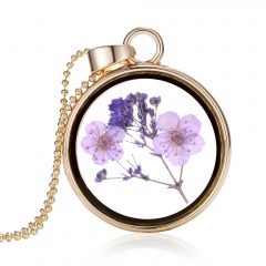 New Natural Real Dried Flower Resin Round Glass Floating Locket Pendant Necklace Purple flower