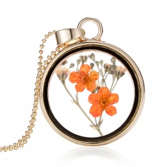 New Natural Real Dried Flower Resin Round Glass Floating Locket Pendant Necklace Orange flower