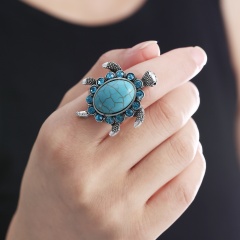 Vintage Charm Sea Turtle Tibetan Silver Turquoise Ring Adjustable Jewelry Gift Tortoise