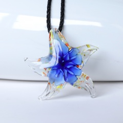 Women Murano Lampwork Glass Starfish Flower Inside Pendant Necklace Gift Blue