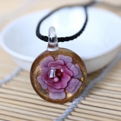 Round Flower Inside Lampwork Murano Glass Pendant Necklace Jewelry Pink