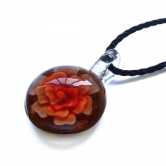 Round Flower Inside Lampwork Murano Glass Pendant Necklace Jewelry Orange Red