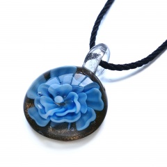 Round Flower Inside Lampwork Murano Glass Pendant Necklace Jewelry Sky Blue