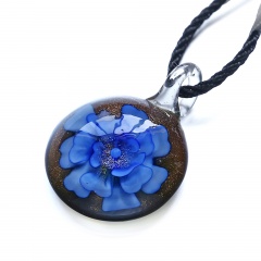 Round Flower Inside Lampwork Murano Glass Pendant Necklace Jewelry Blue
