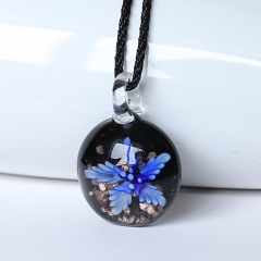 Fashion Round Flower Inside Lampwork Murano Glass Pendant Necklace Jewelry Blue