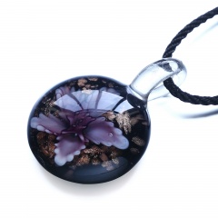 Fashion Round Flower Inside Lampwork Murano Glass Pendant Necklace Jewelry Purple