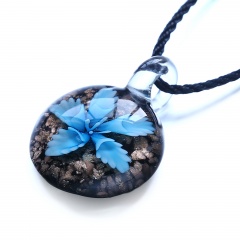 Fashion Round Flower Inside Lampwork Murano Glass Pendant Necklace Jewelry Sky Blue