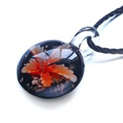 Fashion Round Flower Inside Lampwork Murano Glass Pendant Necklace Jewelry Orange Red