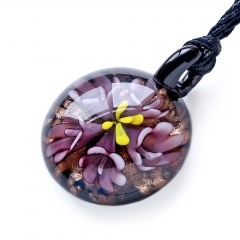 Fashion Glass Round Flower Inside Pendant Necklace Murano Lampwork Women Jewelry Party Purple