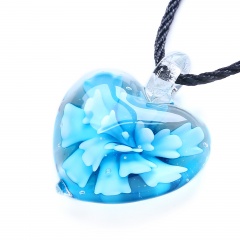 Fashion Heart Flower Inside Lampwork Murano Glass Pendant Necklace Jewelry Blue