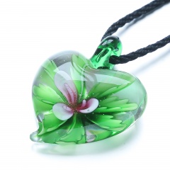 Fashion Heart Flower Inside Lampwork Murano Glass Pendant Necklace Jewelry Gift Purple Flower