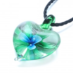 Fashion Heart Flower Inside Lampwork Murano Glass Pendant Necklace Jewelry Gift Sky Blue Flower