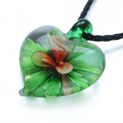 Fashion Heart Flower Inside Lampwork Murano Glass Pendant Necklace Jewelry Gift Orange Flower