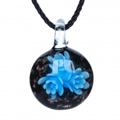 Fashion Women Handmade Lampwork Murano Glass Flower Circle Pendant Necklace Light Blue