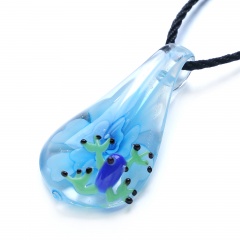 Waterdrop Inner Flower Frog Glass Necklace Blue