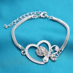 Silver Heart with Rhinestone Bracelet Adjustable Chain Bracelet for Women Heart