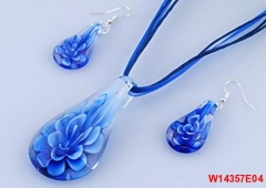 Water Drop Flower Inside Lampwork Glass Pendent With Earring Jewelry Set Handmade Glass Different Jewelry Set For Men Blue