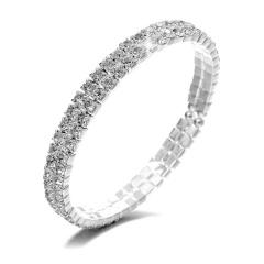 Wedding Bridal Women Full Crystal Rhinestone Silver Bracelet Cuff Bangle Jewelry Gift 2 Rows