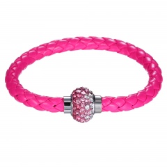 Fashion Leather Handmade Bracelet Crystal Bead Butten Bangle Jewelry Hot Pink