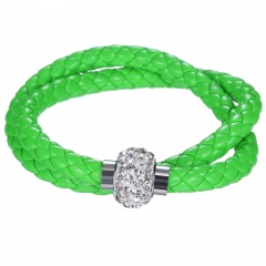 2 Row Colorful Leather Bracelet Fashion Stone Beads Butten Bangle for Women Green