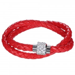 2 Row Colorful Leather Bracelet Fashion Stone Beads Butten Bangle for Women Red