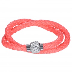 2 Row Colorful Leather Bracelet Fashion Stone Beads Butten Bangle for Women Pink