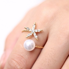 Gold Star with Pearl Open Ring Alloy Fshion Adjustable Rings for Women Star