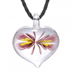 Charm Murano Lampwork Glass Heart Flower Heart Pattern Pendant Necklace Jewelry Purple