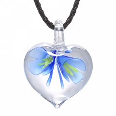 Charm Murano Lampwork Glass Heart Flower Heart Pattern Pendant Necklace Jewelry Royal Blue