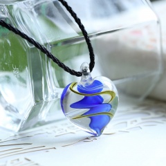 Fashion Women Heart Handmade Flower Lampwork Murano Glass Circle Pendant Necklace Royal Blue